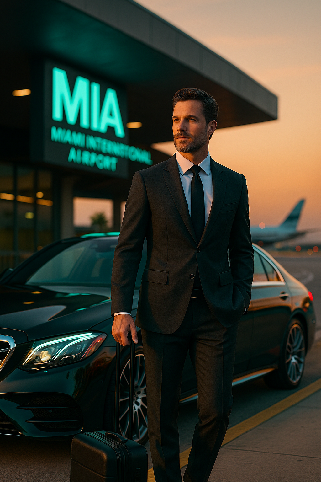 Business executive in suit arriving at Miami International Airport with luxury exotic car waiting for white-glove pickup service, showcasing the professional concierge experience and impressive executive transportation that Exotic City Toys provides for corporate clients and VIP business travelers