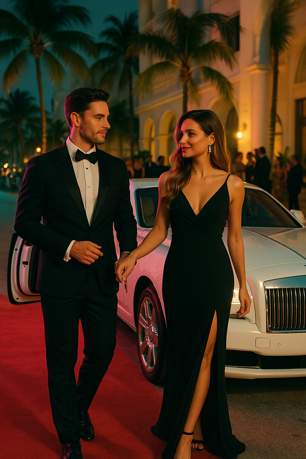 Elegant couple arriving at upscale Miami gala event in pristine Rolls-Royce luxury car, red carpet and palm-lined venue entrance, capturing the white-glove concierge experience and unforgettable VIP arrivals that Exotic City Toys provides for weddings and corporate events