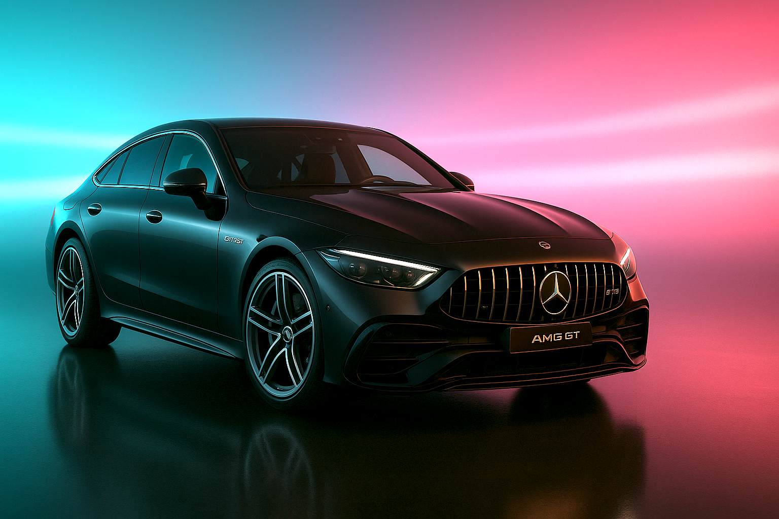 Powerful 2025 Mercedes-AMG GT 55 4MATIC+ 4-door coupe in elegant black finish, three-quarter profile highlighting muscular Panamericana grille, aggressive AMG styling, sleek coupe-like silhouette, and German performance luxury engineering perfect for stylish Miami business travel and Ocean Drive cruising with Exotic City Toys