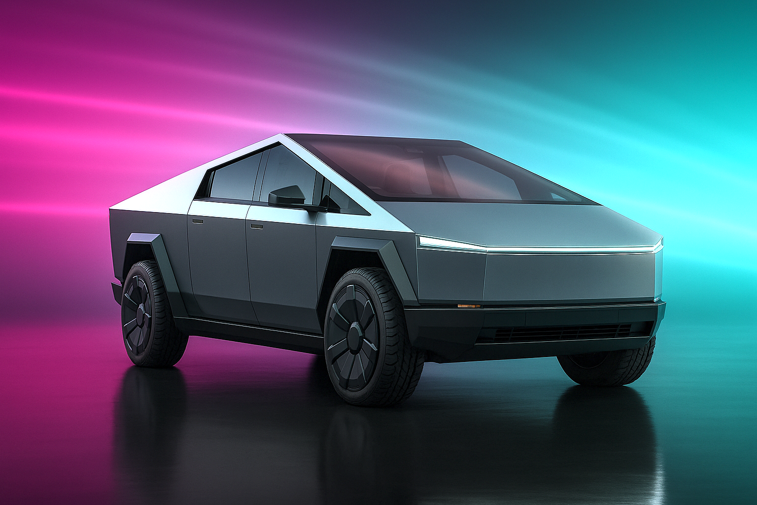 Futuristic 2024 Tesla CyberTruck Beast all-electric performance truck in bold angular stainless steel design, three-quarter front view showcasing revolutionary ultra-hard exoskeleton, distinctive geometric styling, powerful tri-motor performance, and cutting-edge electric innovation perfect for making a statement on Miami streets with Exotic City Toys