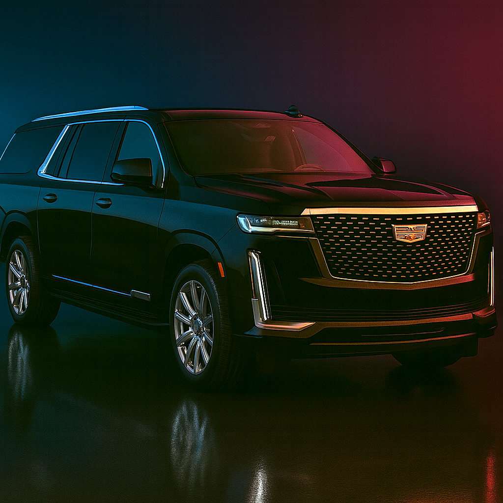 Stunning 2025 Cadillac Escalade ESV extended wheelbase ultra-luxury SUV in sophisticated black finish, three-quarter front view showcasing the commanding presence, bold signature LED lighting, distinctive chrome grille, and premium executive transportation appeal that defines Exotic City Toys' white-glove concierge service in Miami