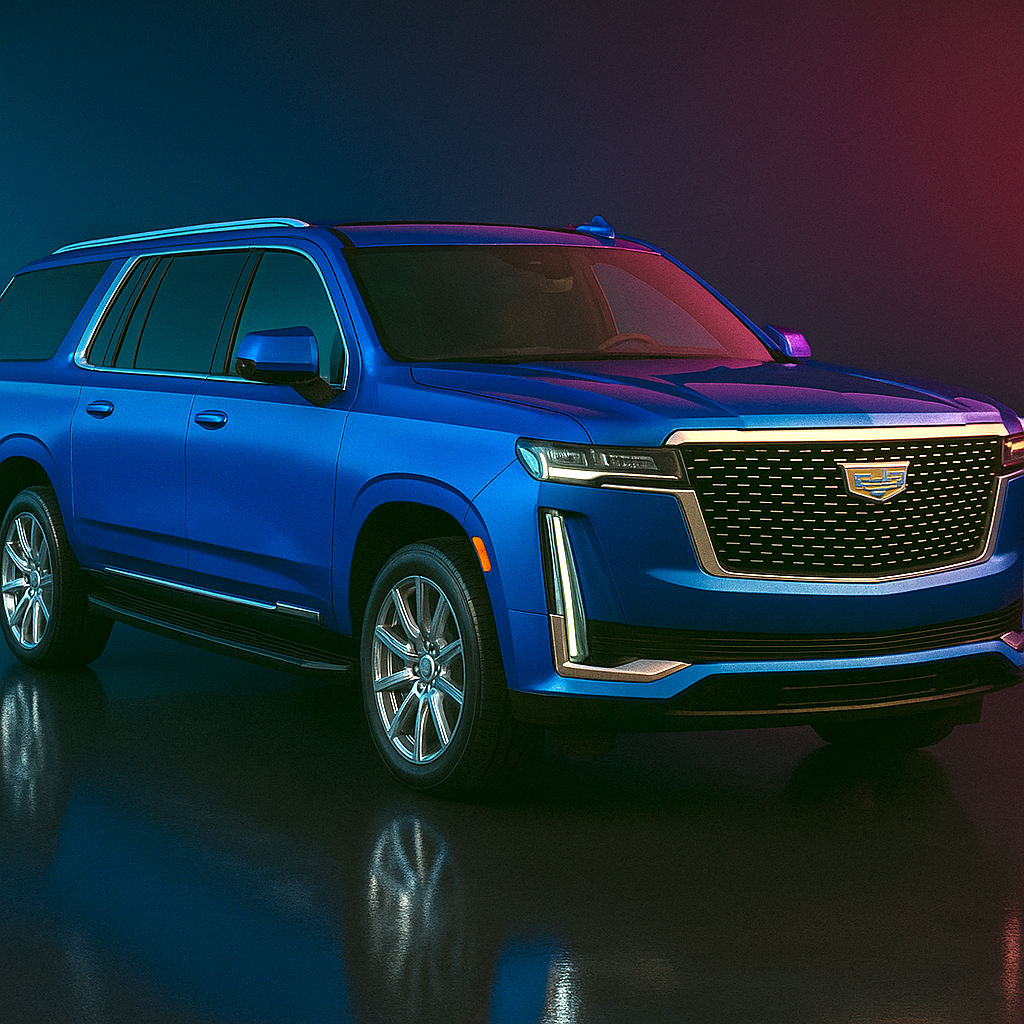 Elegant 2025 Cadillac Escalade ESV extended wheelbase ultra-luxury SUV in striking blue metallic finish, three-quarter angle highlighting executive presence, signature vertical LED lighting, commanding chrome grille, and sophisticated Miami luxury lifestyle appeal offered by Exotic City Toys' curated fleet