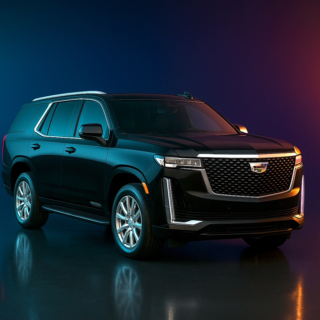 Bold 2025 Cadillac Escalade standard wheelbase luxury SUV in sophisticated black finish, three-quarter front view showcasing aggressive LED lighting, commanding presence, premium chrome detailing, and the versatile luxury that makes it perfect for Miami Beach cruising and VIP airport pickups with Exotic City Toys