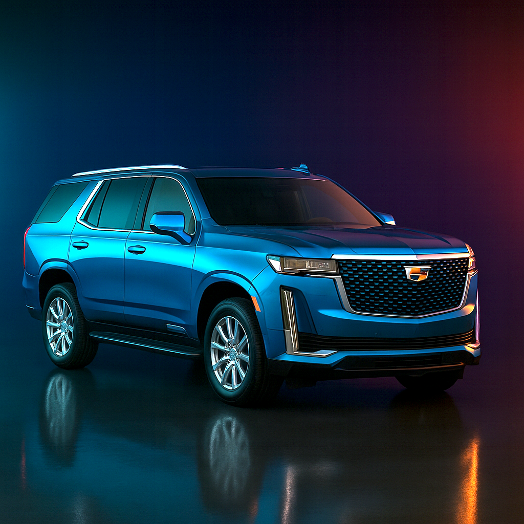 Stunning 2025 Cadillac Escalade standard wheelbase luxury SUV in vibrant blue metallic finish, three-quarter profile showcasing bold vertical LED signature lighting, commanding grille, and premium American luxury design ideal for Miami business travel and stylish South Florida adventures with Exotic City Toys