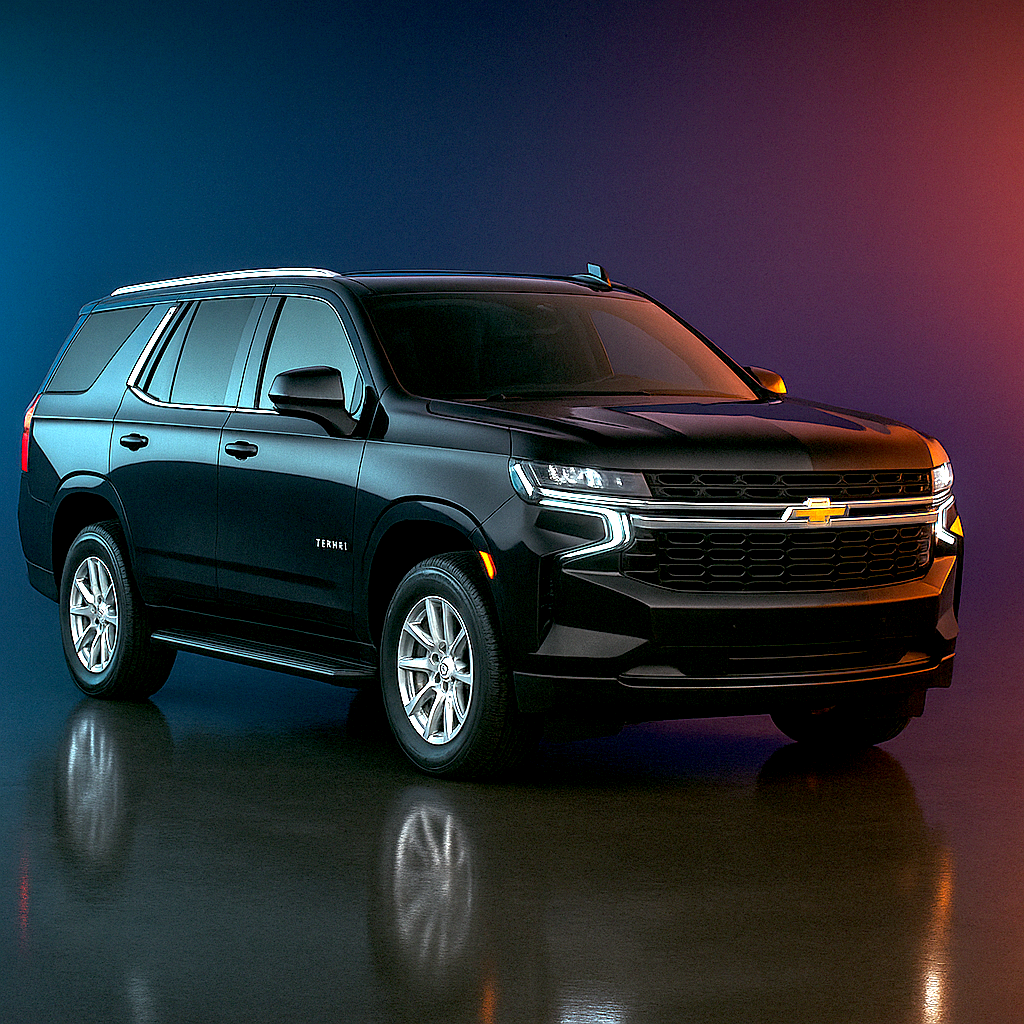 Versatile 2026 Chevrolet Tahoe premium full-size SUV in sleek black finish, three-quarter front angle highlighting commanding road presence, modern LED lighting, bold grille design, and spacious family-friendly luxury perfect for Miami group transportation and South Florida adventures with Exotic City Toys