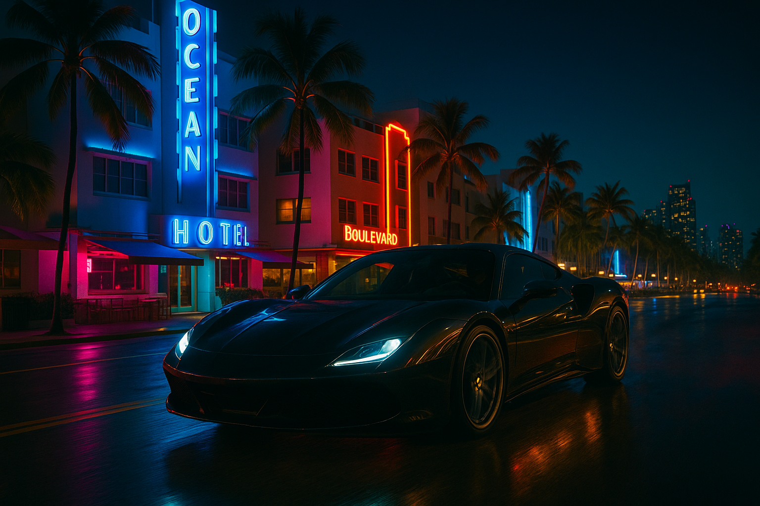 Cinematic night shot of a sleek exotic supercar cruising Miami's Ocean Drive with neon lights reflecting off its paint, palm trees silhouetted against a vibrant sunset-to-night gradient sky with electric teal and magenta tones, embodying the bold 'Drive bold. Live louder.' spirit of Exotic City Toys' luxury car rental experience in South Florida