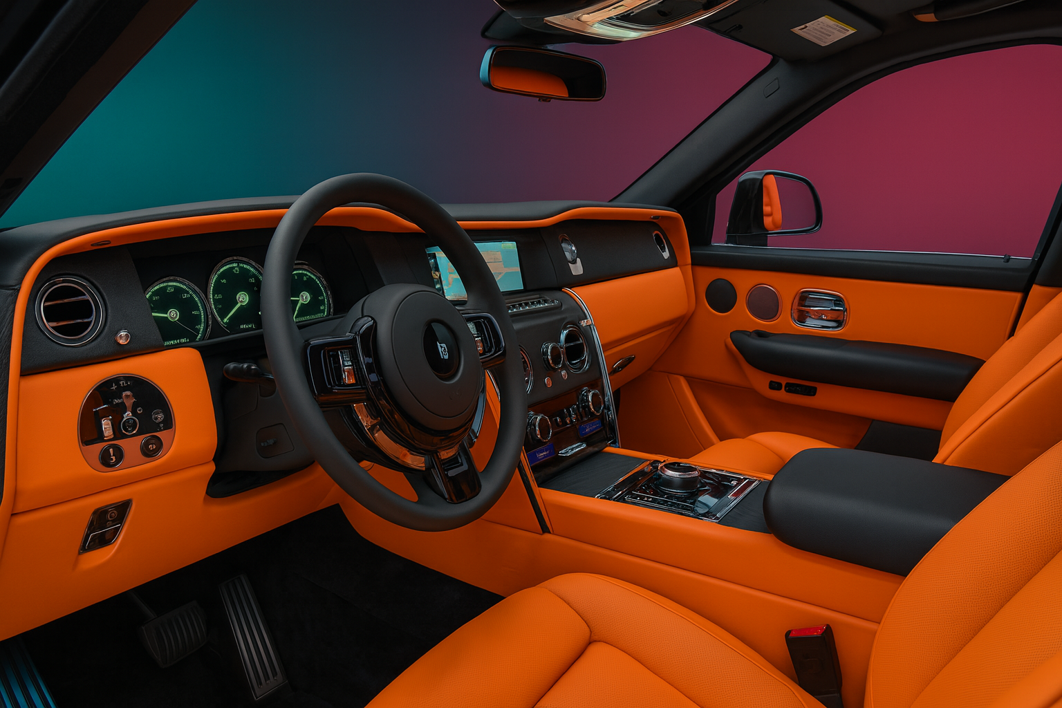 Opulent 2023 Rolls-Royce Cullinan interior featuring handcrafted leather, starlight headliner, exquisite wood veneers, and the pinnacle of British luxury automotive craftsmanship