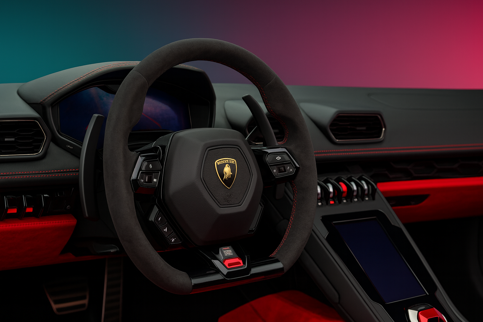 Close-up of 2022 Lamborghini Huracán EVO steering wheel featuring Lamborghini branding, paddle shifters, and race-inspired controls