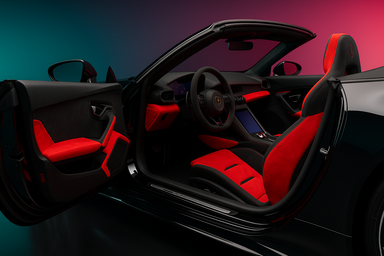 Aggressive 2022 Lamborghini Huracán EVO cockpit featuring sporty bucket seats, race-inspired steering wheel, digital displays, and Italian supercar interior craftsmanship