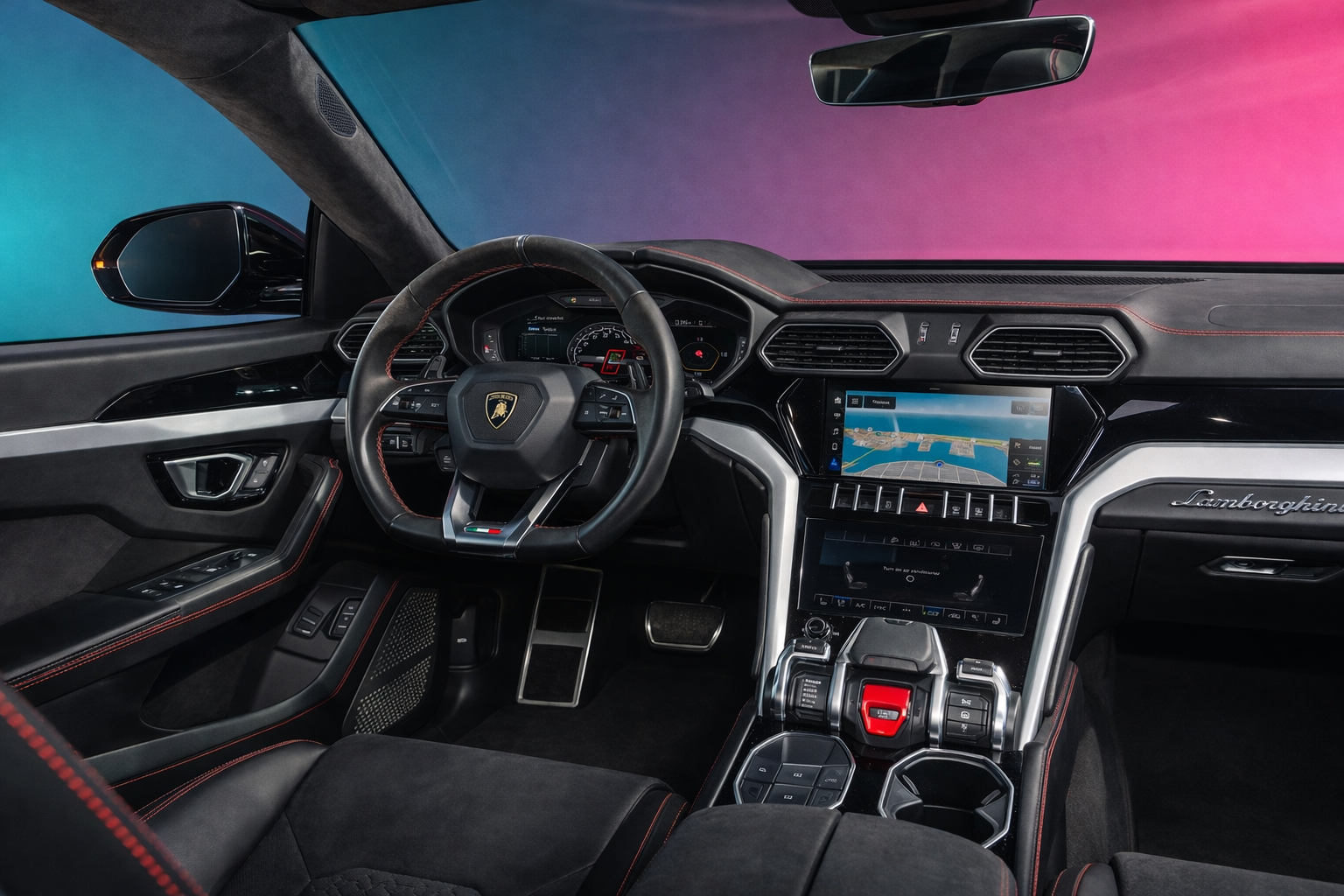 Detailed view of 2023 Lamborghini Urus cabin showcasing driver-focused cockpit, premium materials, and performance luxury design